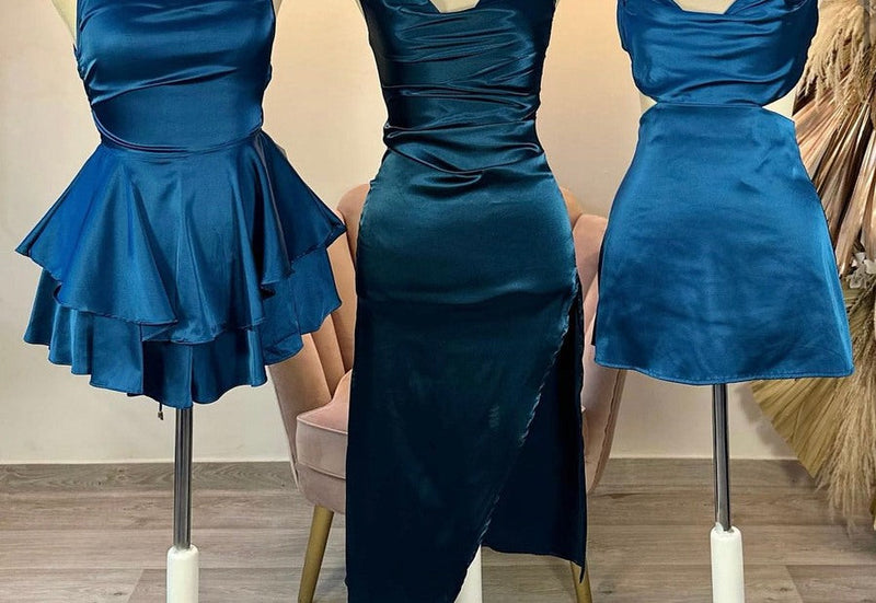 Vestido azul petróleo corte capa